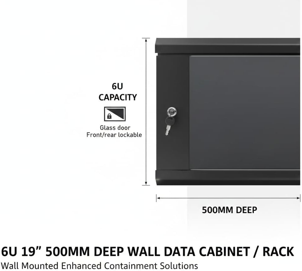6U Wall Mount Server Rack Cabinet 19 Inch 500mm Glass Door