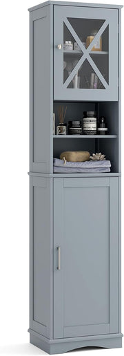 Grey Tallboy Bathroom Cabinet 2 Door Shelf Storage Unit