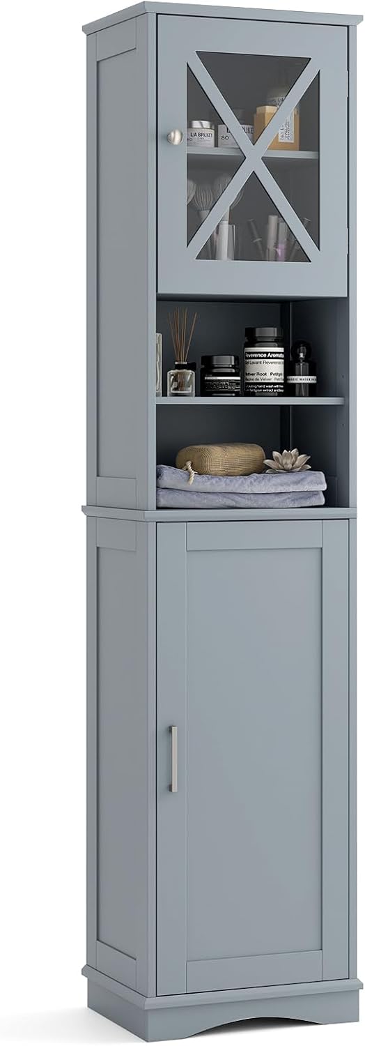 Grey Tallboy Bathroom Cabinet 2 Door Shelf Storage Unit