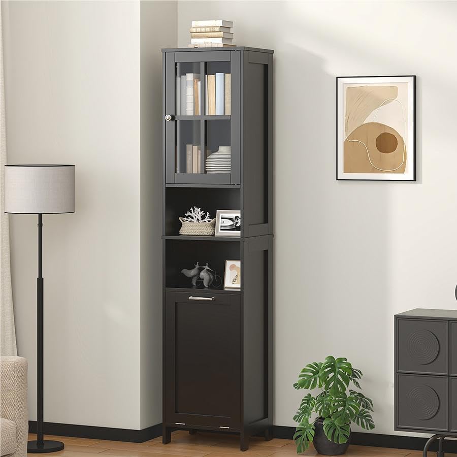 Tall Bathroom Cabinet Black Laundry Basket Shelf Unit
