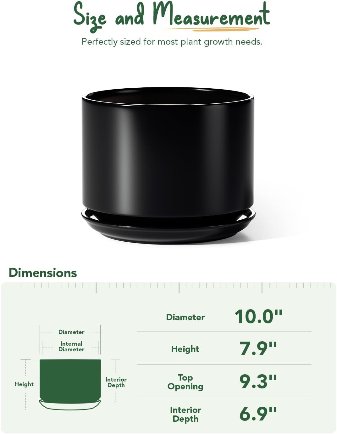 25cm Large Black Ceramic Plant Pot with Saucer Modern