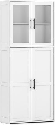 Tall Storage Cabinet White Glass Door Hook Shelf Unit