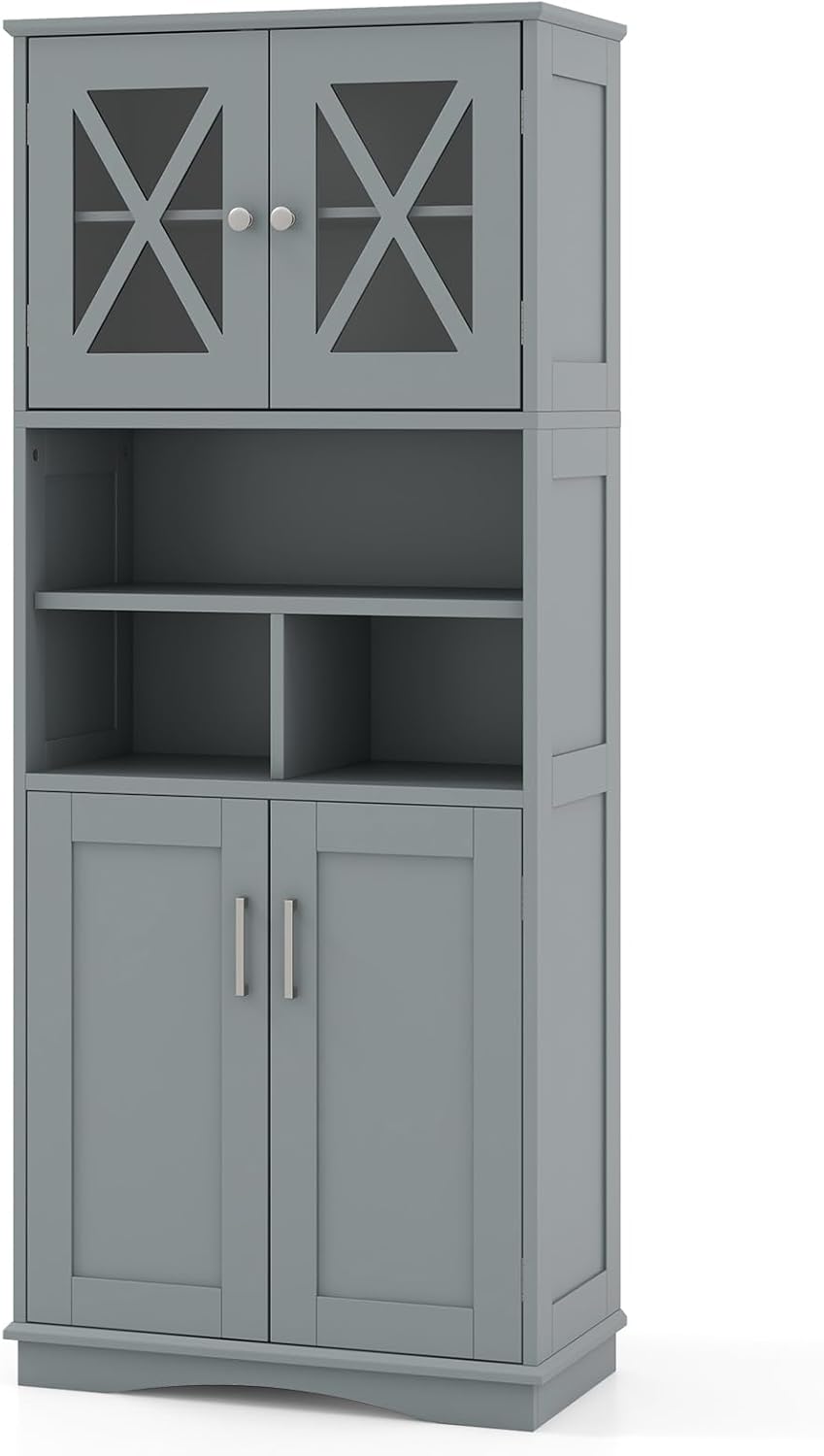 Grey Tallboy Bathroom Cabinet 4 Door Shelf Storage Unit
