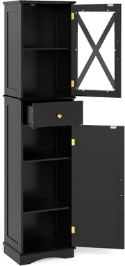 Tall Slim Storage Cabinet Black Glass Door Drawer Unit
