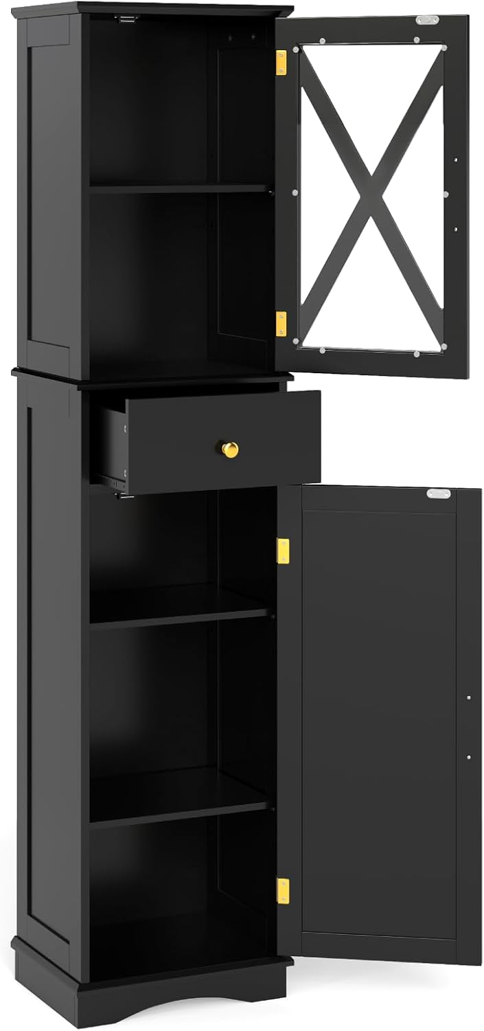 Tall Slim Storage Cabinet Black Glass Door Drawer Unit
