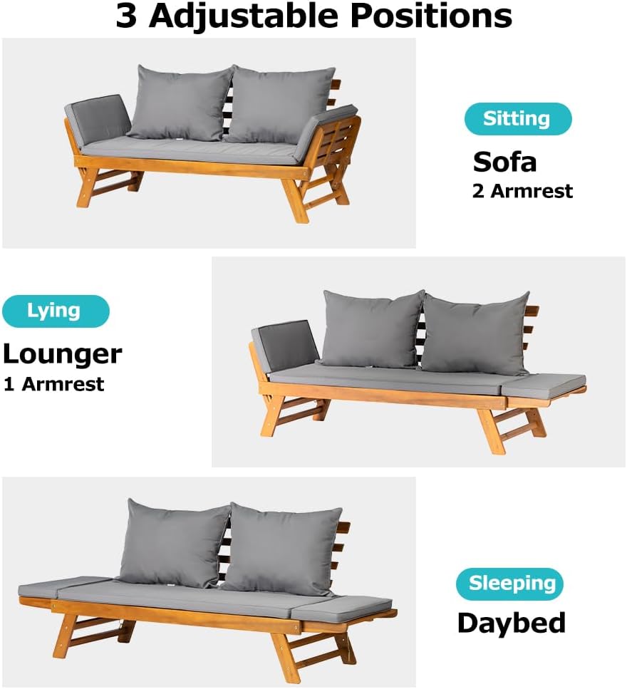 Acacia Wood Convertible Sofa Bed Outdoor Daybed Grey