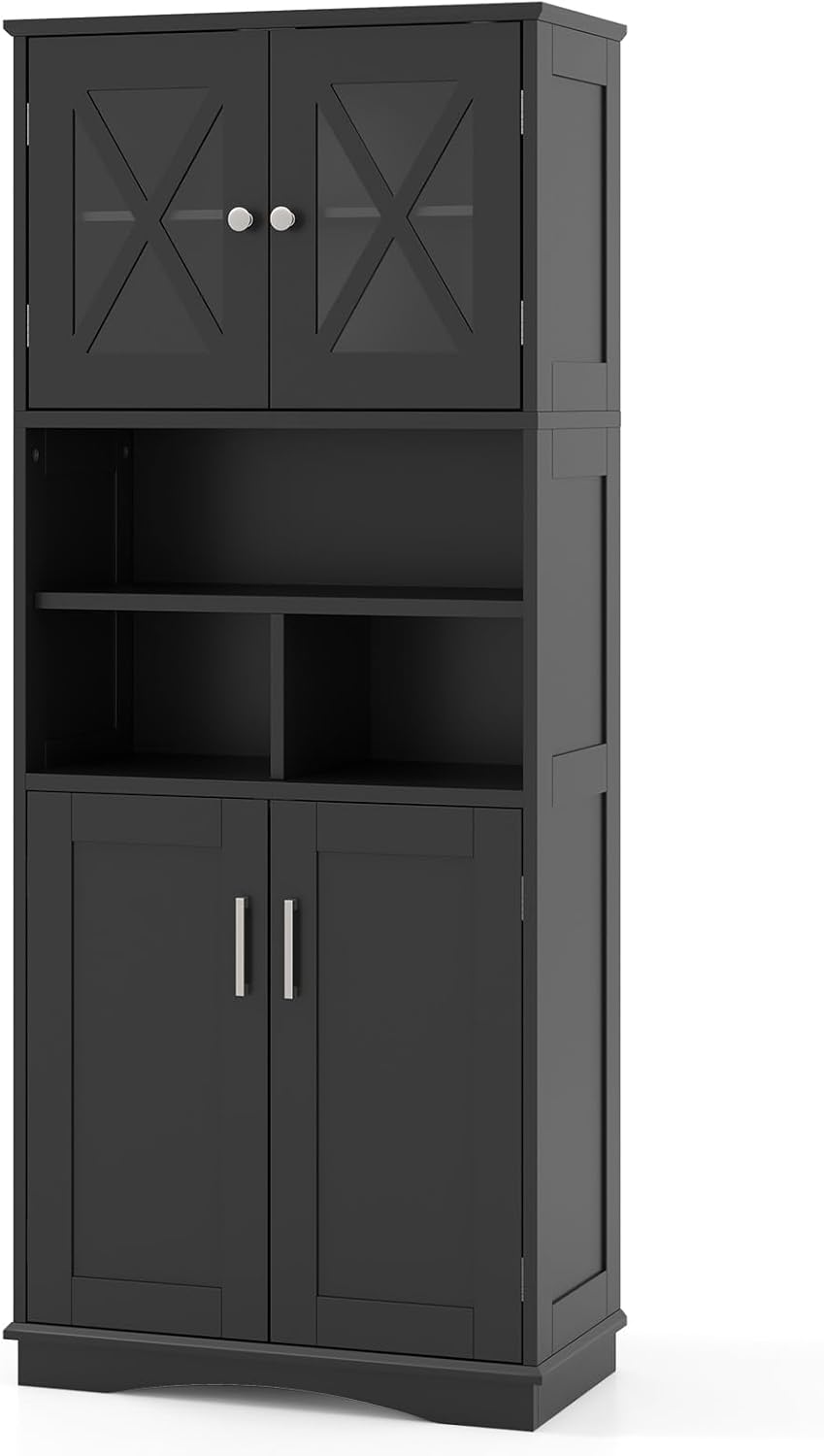 Black Tallboy Bathroom Cabinet 4 Door Shelf Storage Unit