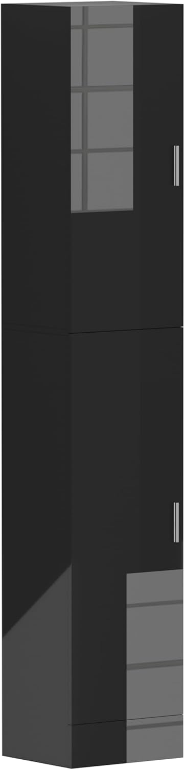 190cm Gloss Black Tall Bathroom Storage Cabinet 2 Door Shelves