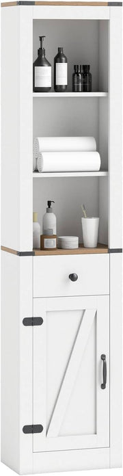 Farmhouse Slim Bathroom Tall Cabinet Barn Door Drawer Shelf Unit