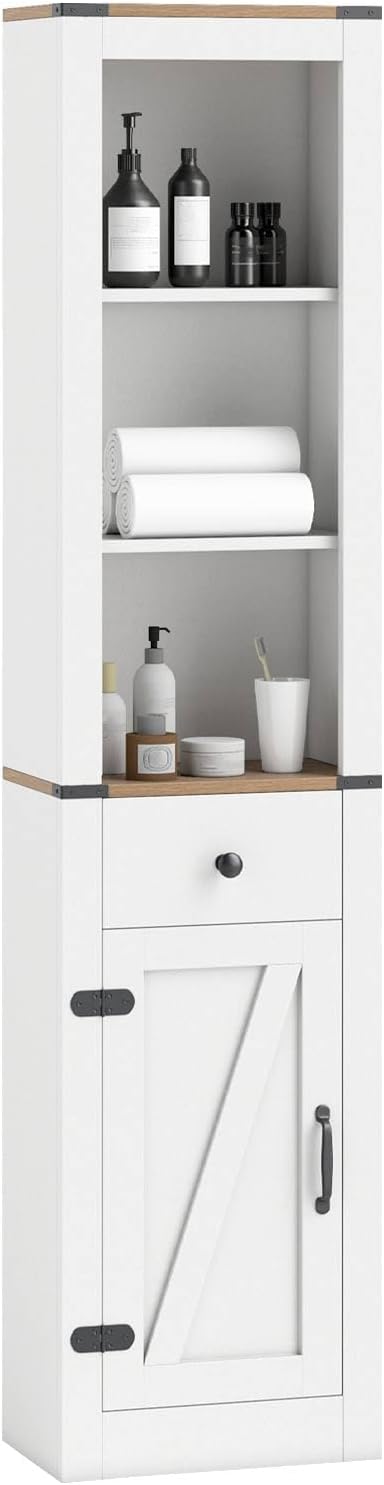 Farmhouse Slim Bathroom Tall Cabinet Barn Door Drawer Shelf Unit