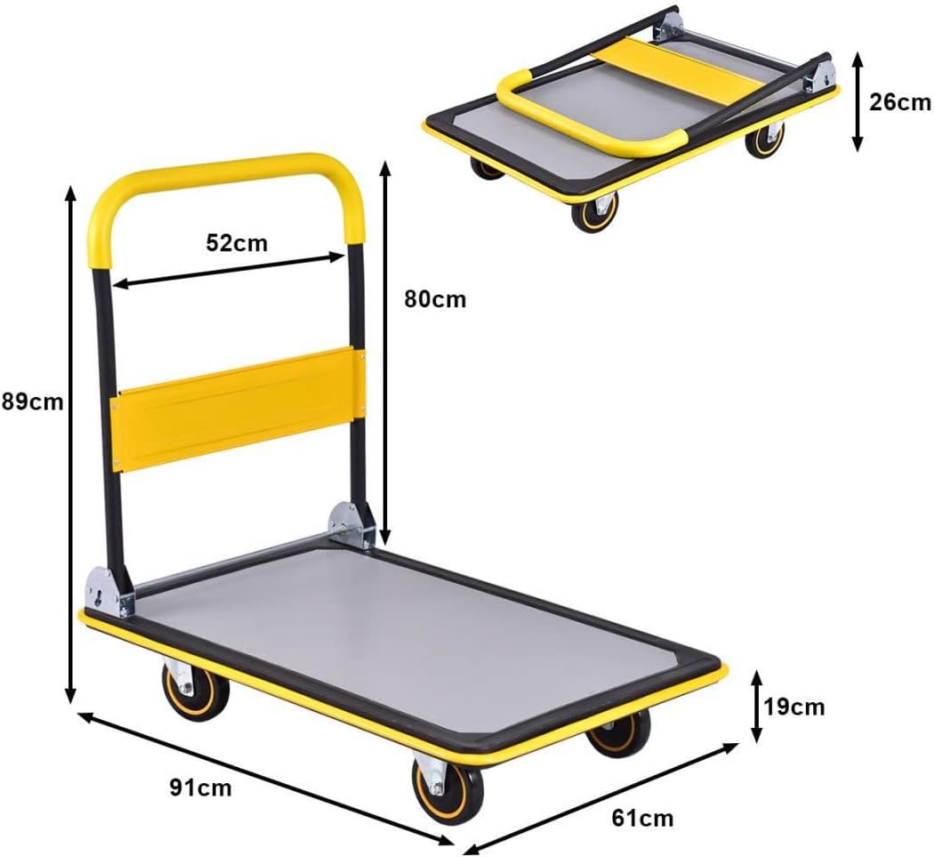 Folding Push Cart Dolly 300KG Flatbed Trolley Yellow