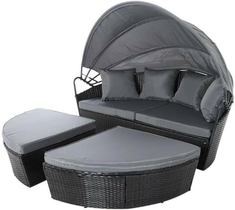 Outdoor Rattan Bali Day Bed Set Canopy Black