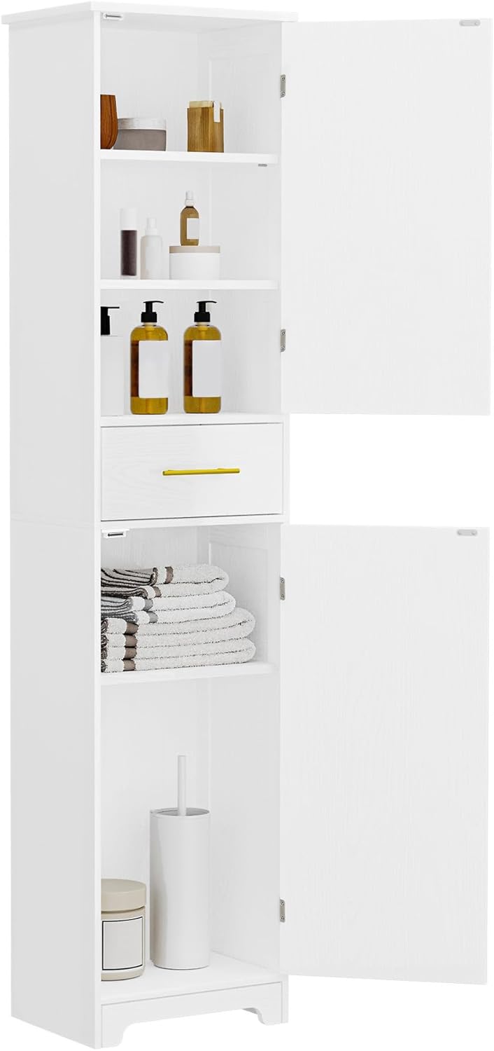 Tall Slim Storage Cabinet White Drawer Doors Shelf Unit