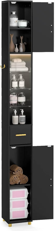Tall Slim Storage Cabinet Black LED Shelf Hook Unit