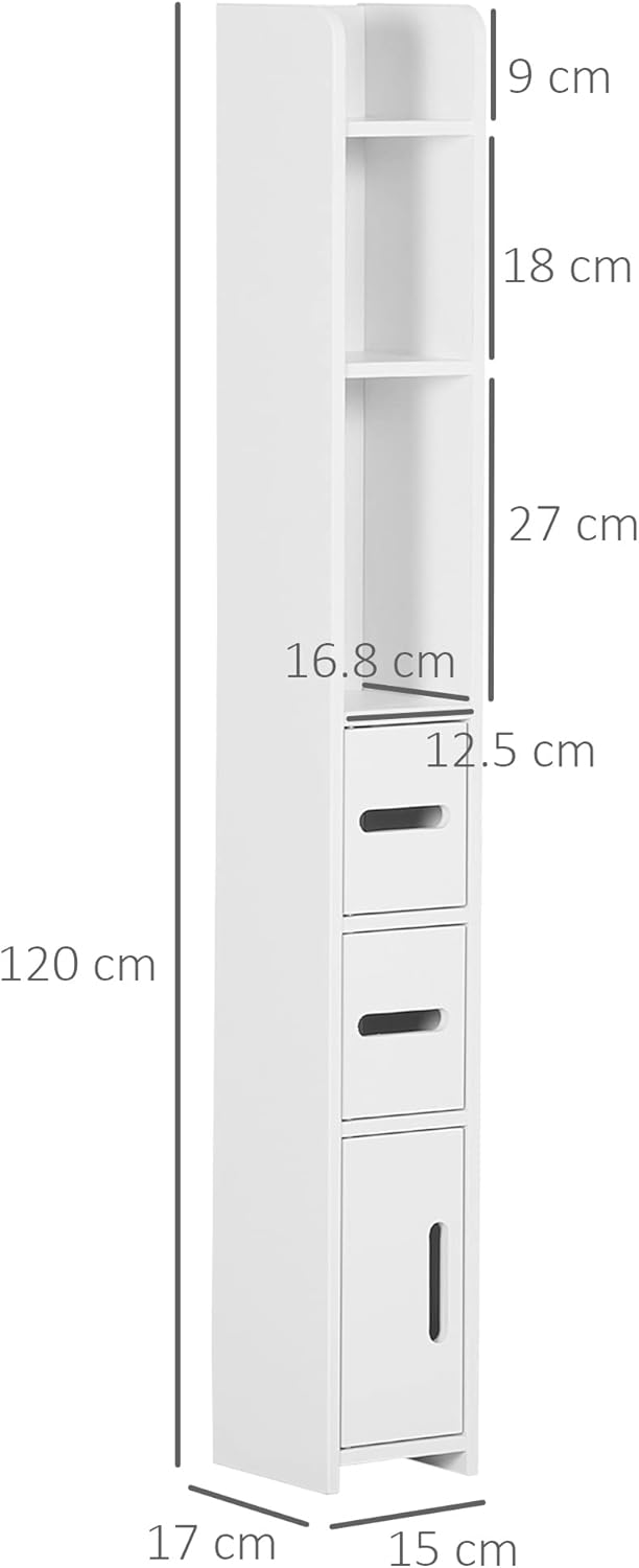 Slim Tall Bathroom Storage Cabinet 3 Doors Open Shelves White