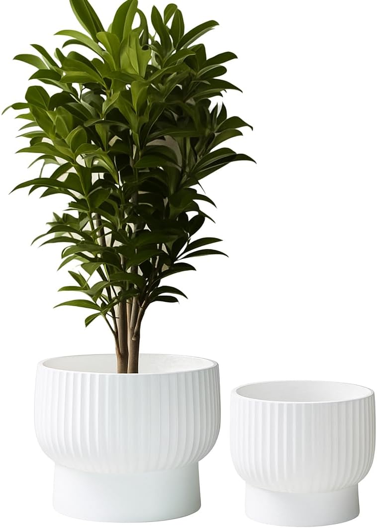 White Raised Planter Bowl Set 2 Fibrestone Pots 35cm 30cm