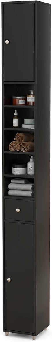 Tall Slim Storage Cabinet Black Drawer Adjustable Shelf Unit