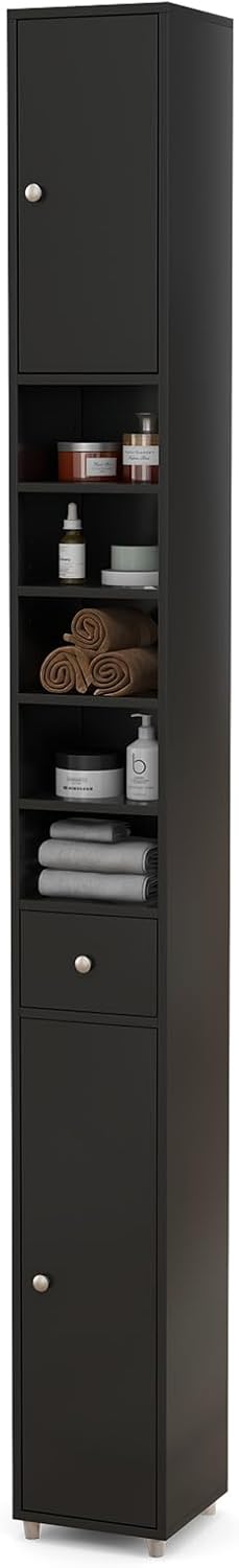 Tall Slim Storage Cabinet Black Drawer Adjustable Shelf Unit