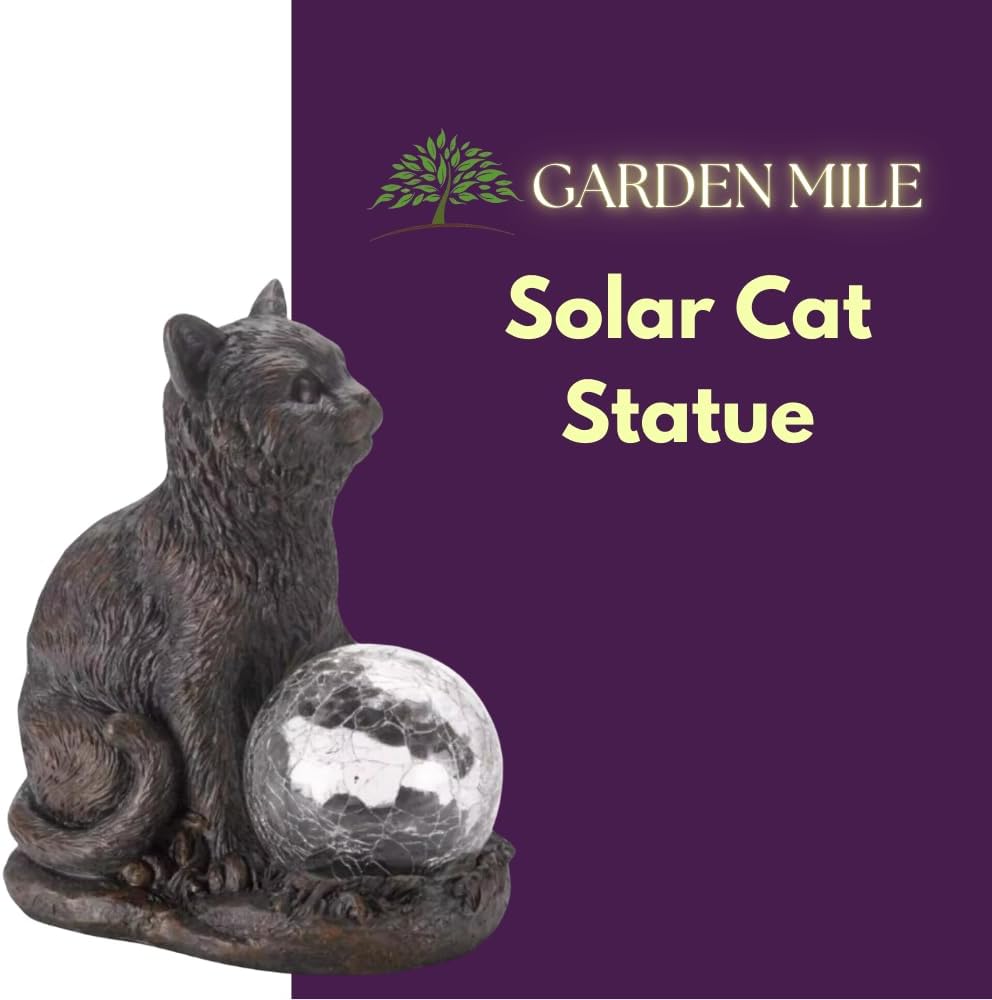Solar Cat Garden Statue LED Crystal Ball Light Outdoor Decor 19cm