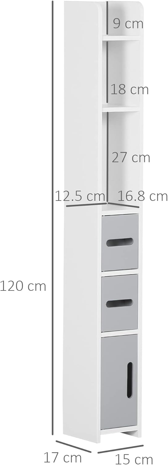 Slim Tall Bathroom Storage Cabinet 3 Doors Open Shelves Grey