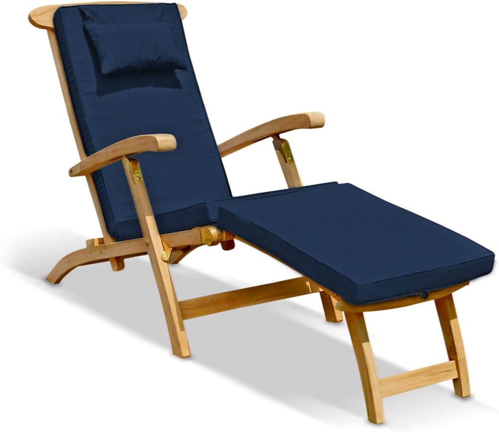 Teak Steamer Chair with Cushion Foldable Blue Recliner