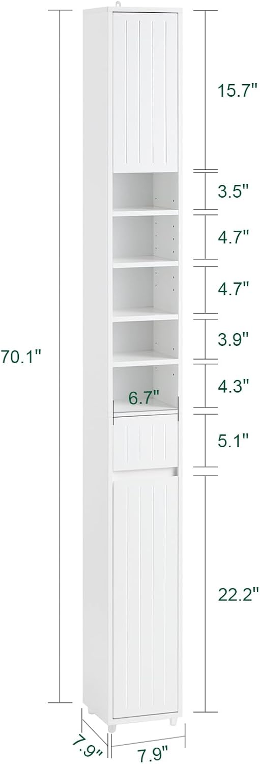 Slim Tall Bathroom Storage Cabinet White Drawer Shelves Unit