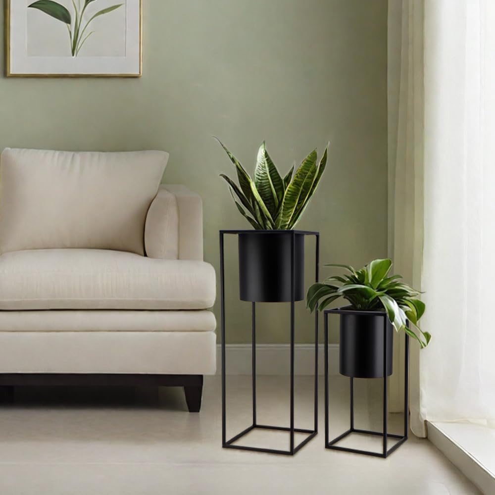 Metal Planters with Stand Set of 2 Black Tall Pots 70cm 45cm