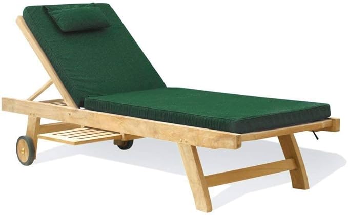 Teak Sun Lounger with Cushion Wheels Tray Green