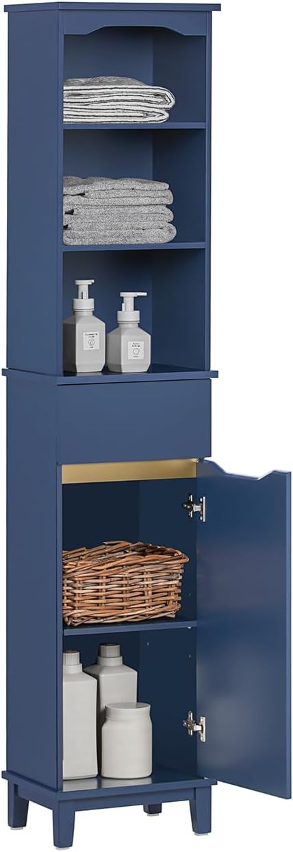 Navy Blue Tall Slim Bathroom Cabinet Shelves Drawer Unit