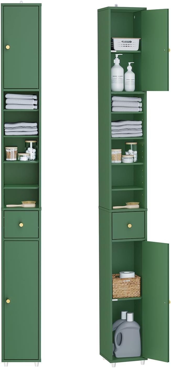 Tall Slim Bathroom Storage Cabinet Drawer Adjustable Shelves Green