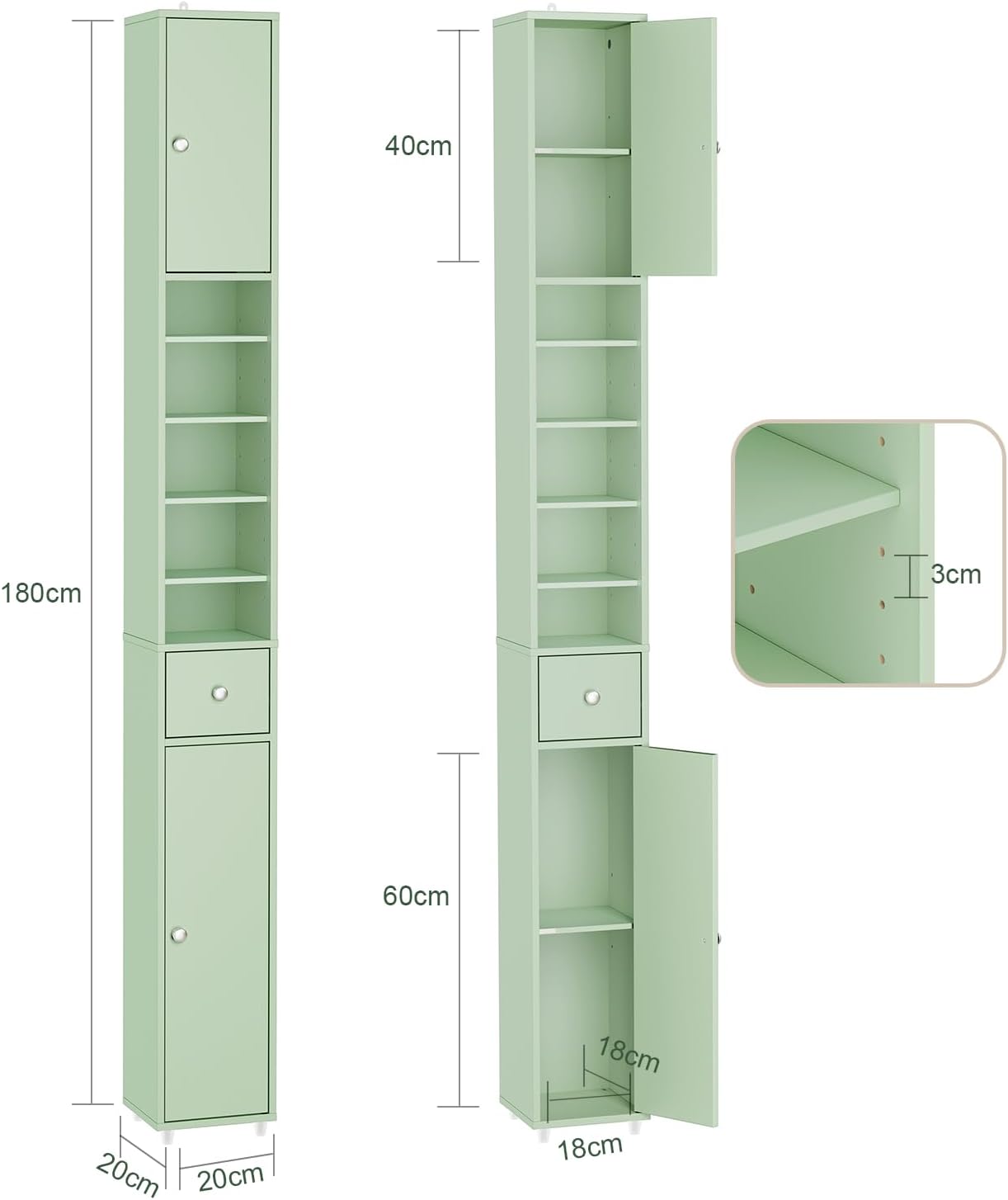 Slim Tall Bathroom Cabinet Light Green Drawer 180cm