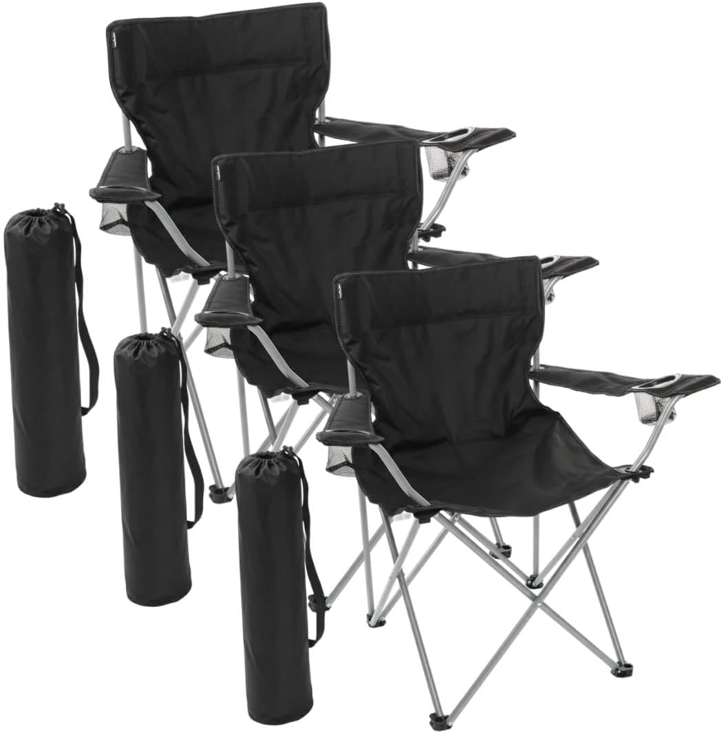 3 Pack Black Folding Camping Chairs with Cup Holder