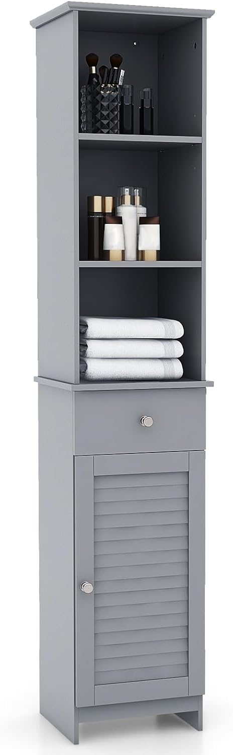 Slim Bathroom Tall Cabinet Drawer Shelf Cupboard Grey