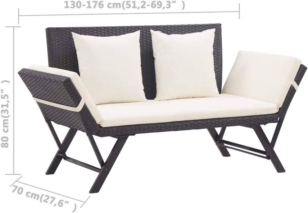 Rattan Garden Bench Day Bed Convertible Patio Lounge w/Cushions