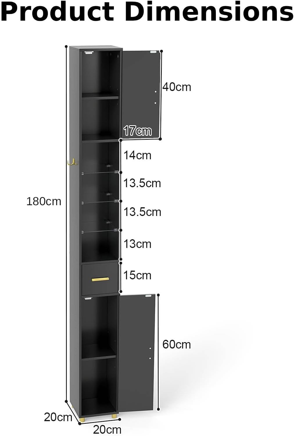 Tall Slim Storage Cabinet Black LED Shelf Hook Unit