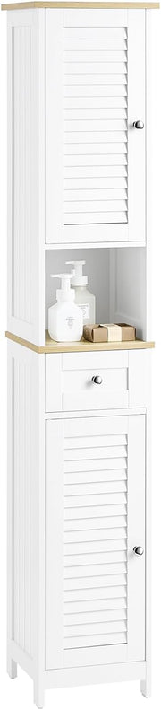 Slim Tall Bathroom Cabinet White Natural Louver Storage