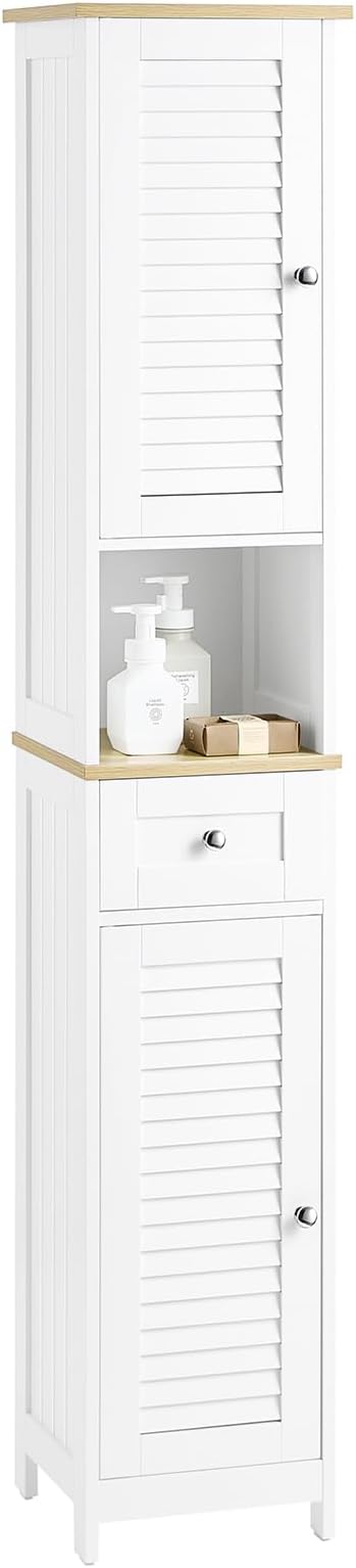 Slim Tall Bathroom Cabinet White Natural Louver Storage