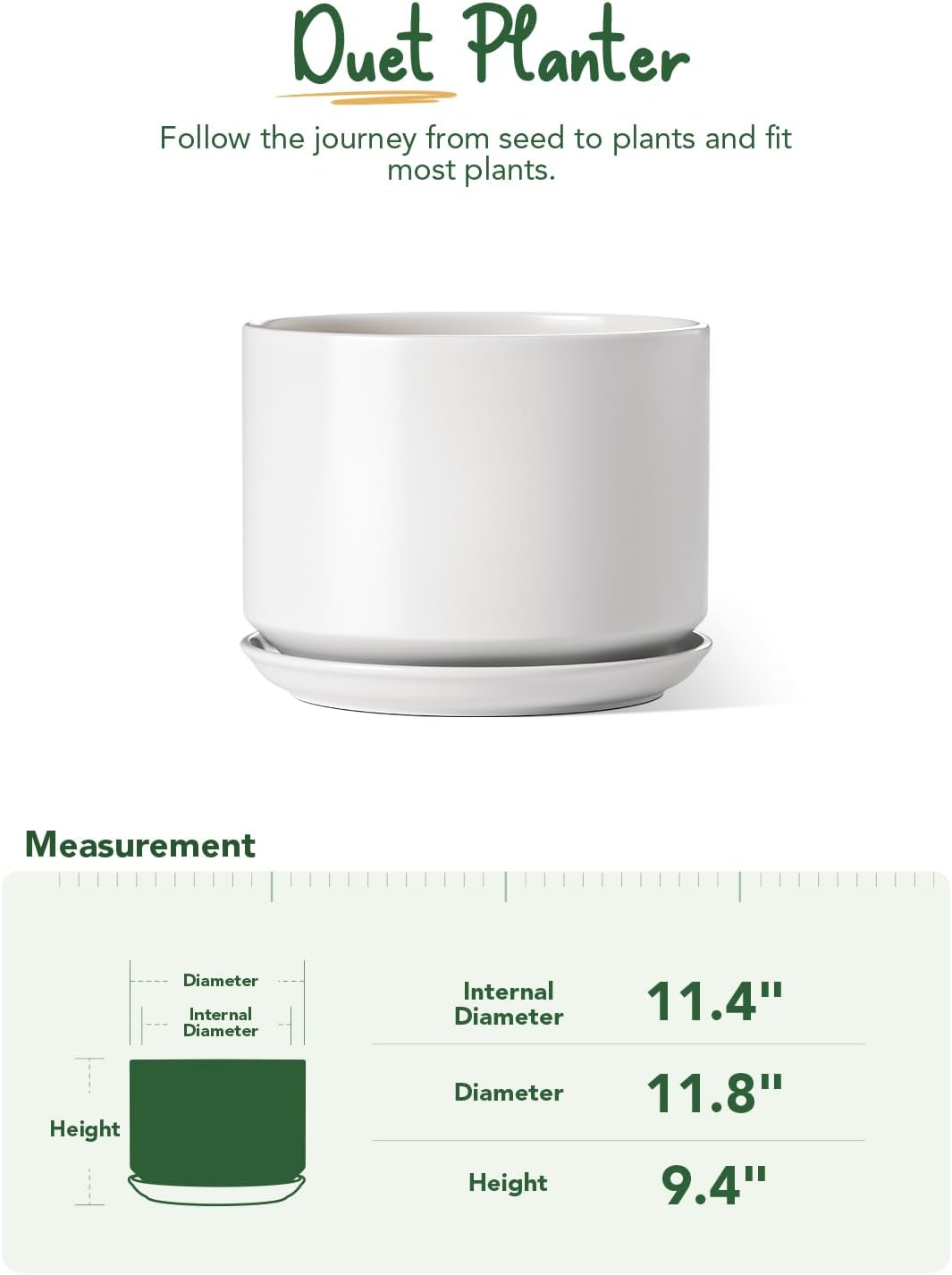 30cm Large Ceramic Plant Pot White with Saucer Drainage
