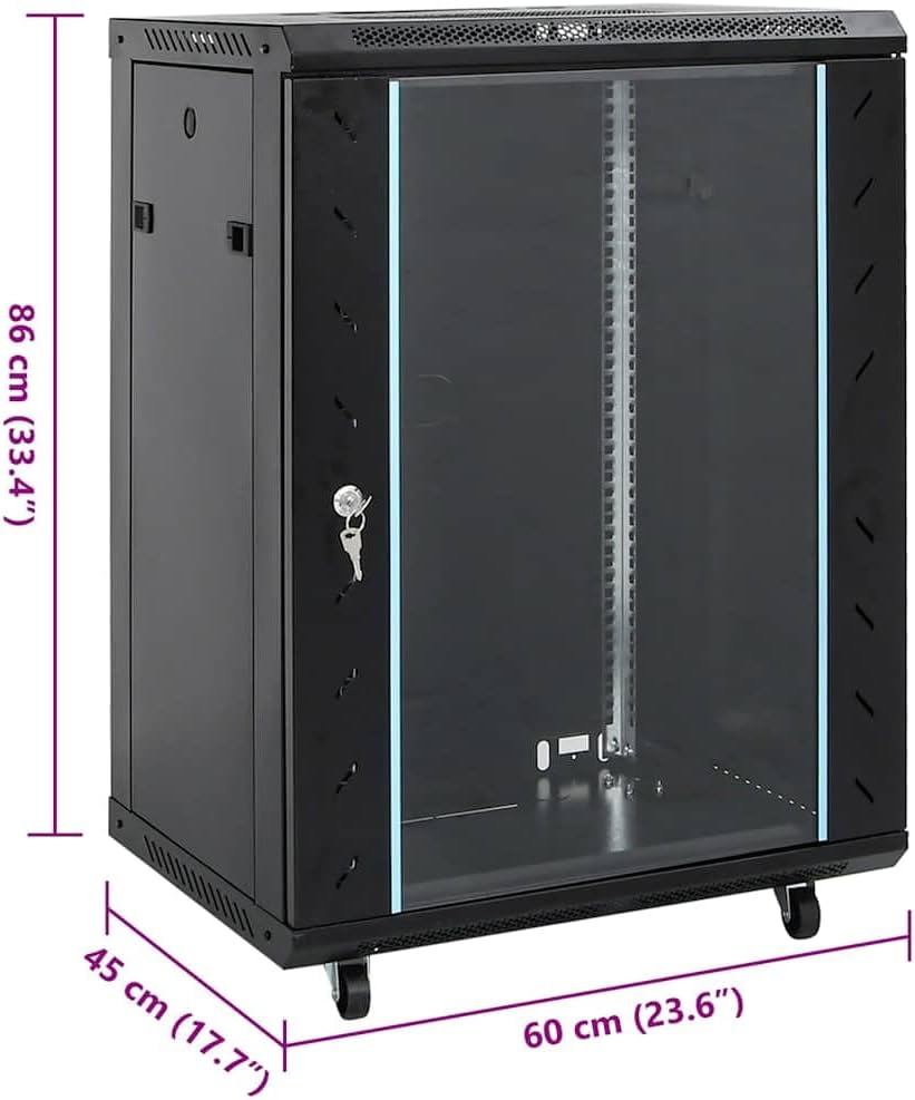 15U Network Cabinet Server Rack Glass Door Steel Black