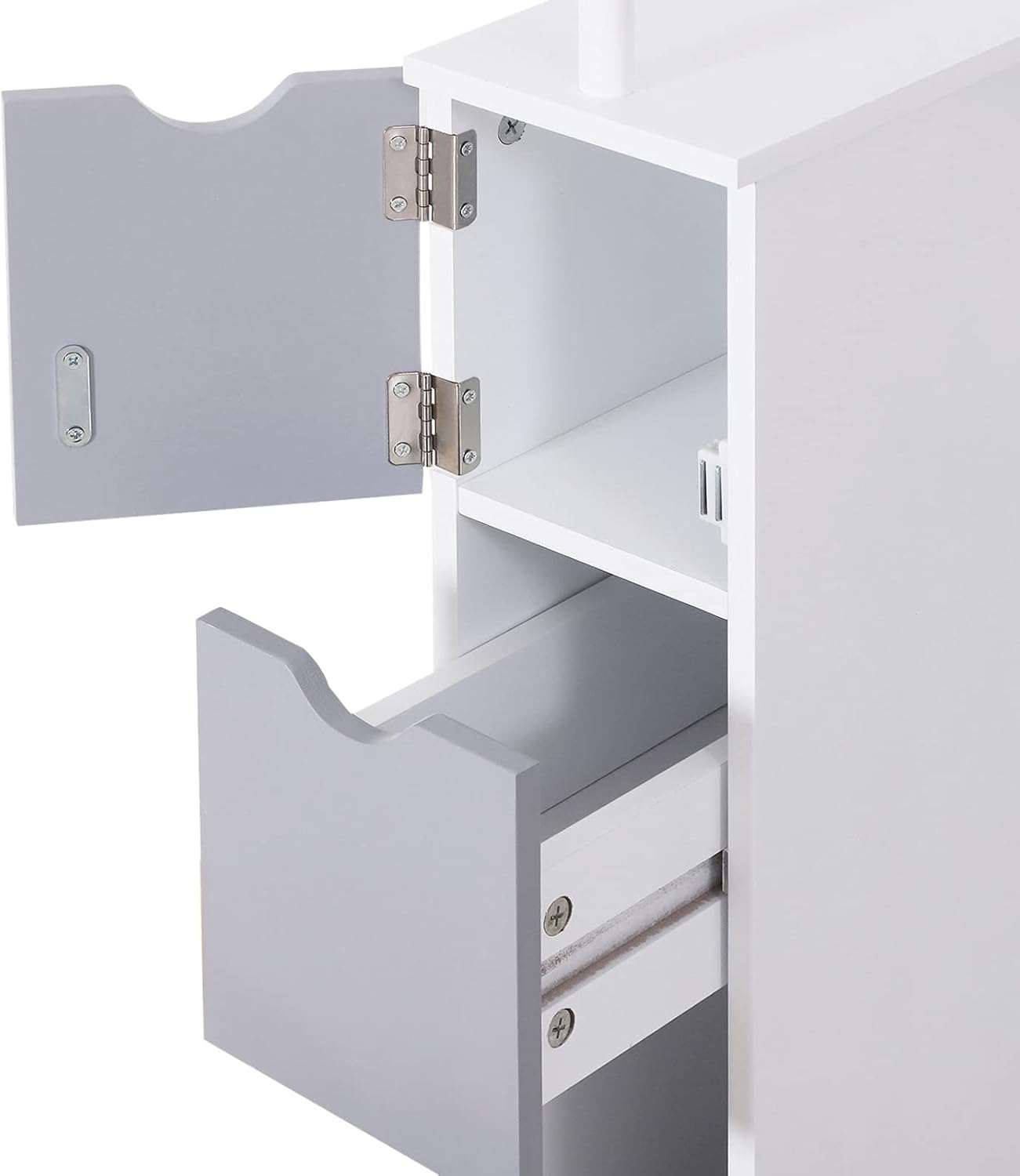Slim Tall Bathroom Storage Cabinet 2 Drawers Shelves White Grey
