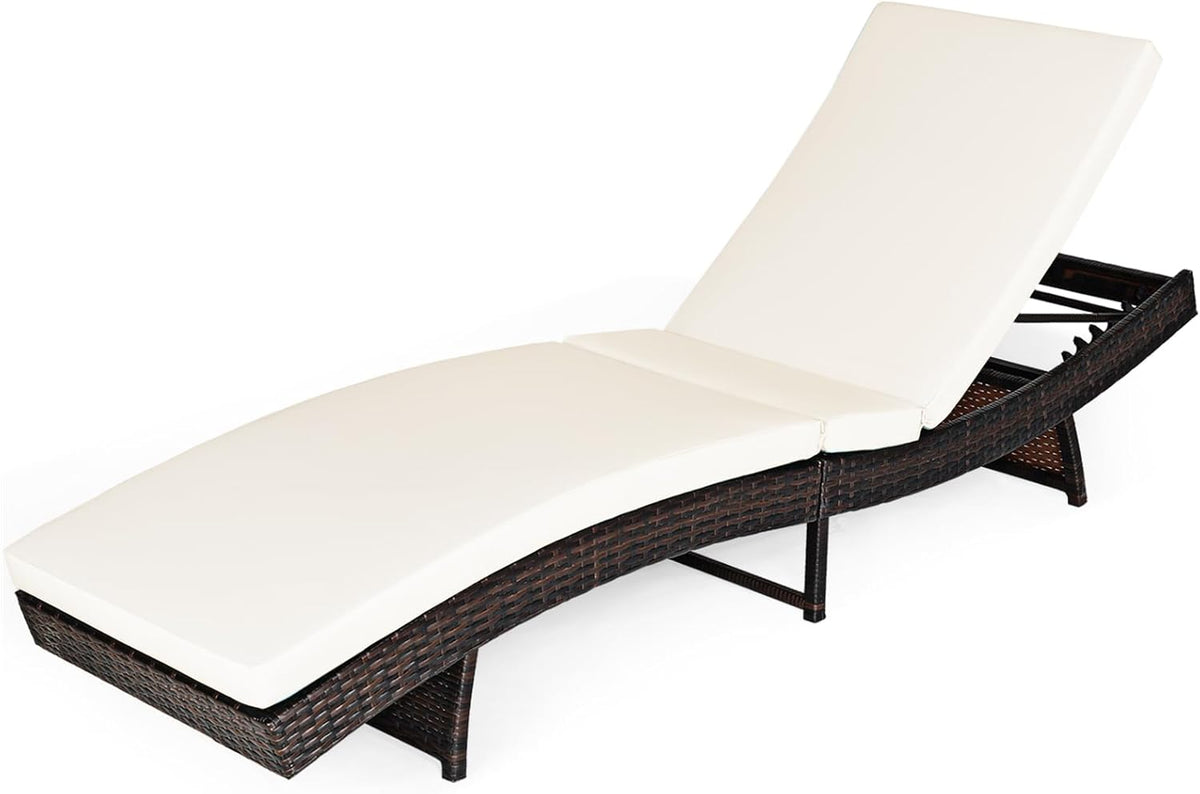 Folding Rattan Sun Lounger 5 Position Cushion White