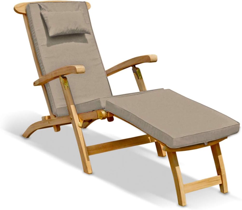 Teak Steamer Chair with Cushion Foldable Taupe Recliner