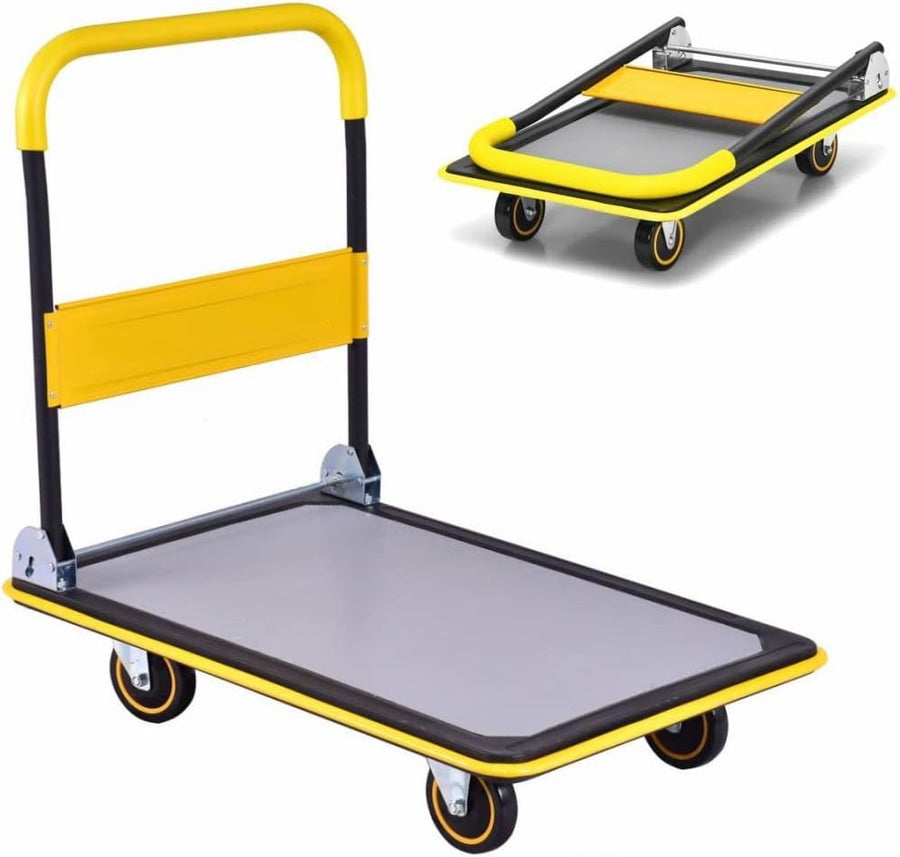 Folding Push Cart Dolly 300KG Flatbed Trolley Yellow