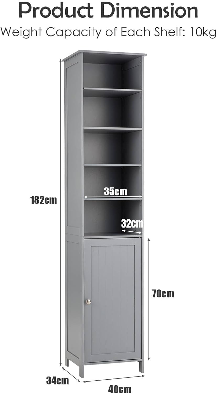 Slim Tall Bathroom Storage Cabinet 5 Shelf Cupboard Grey