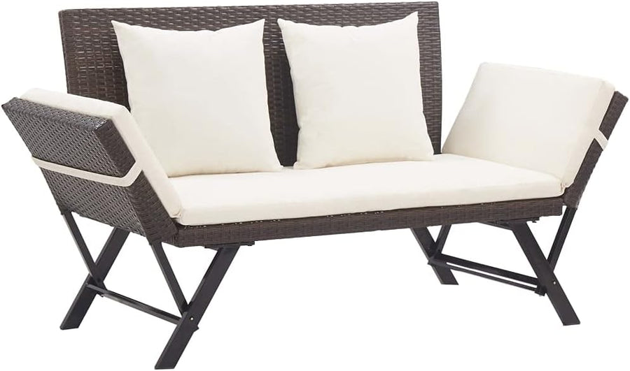 2 in 1 Rattan Garden Bench Convertible Day Bed w/Cushions