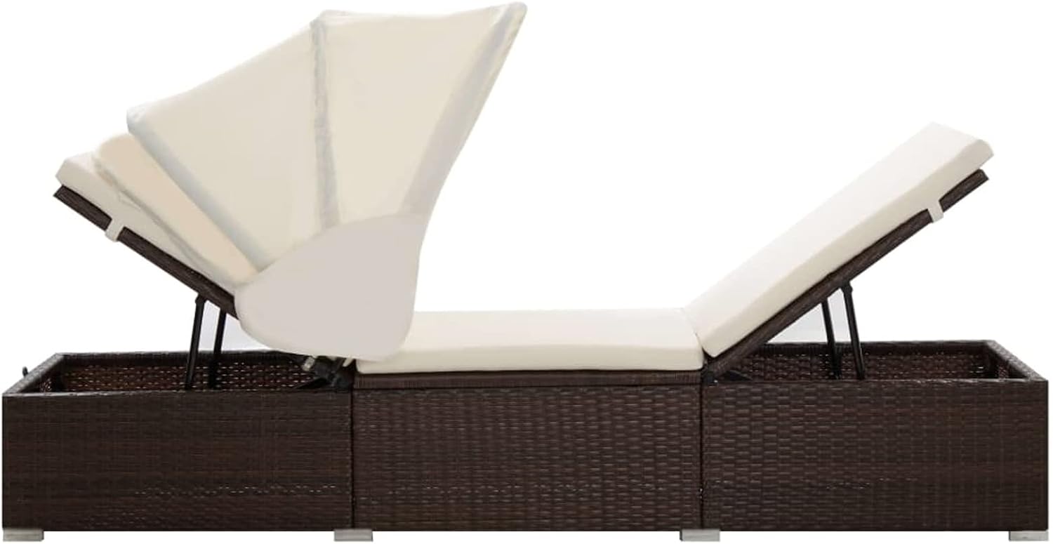 Sun Lounger with Canopy Cushion Outdoor Daybed Brown