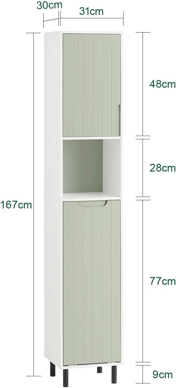 Slim Bathroom Tall Cabinet Laundry Bag Shelf Unit White Green