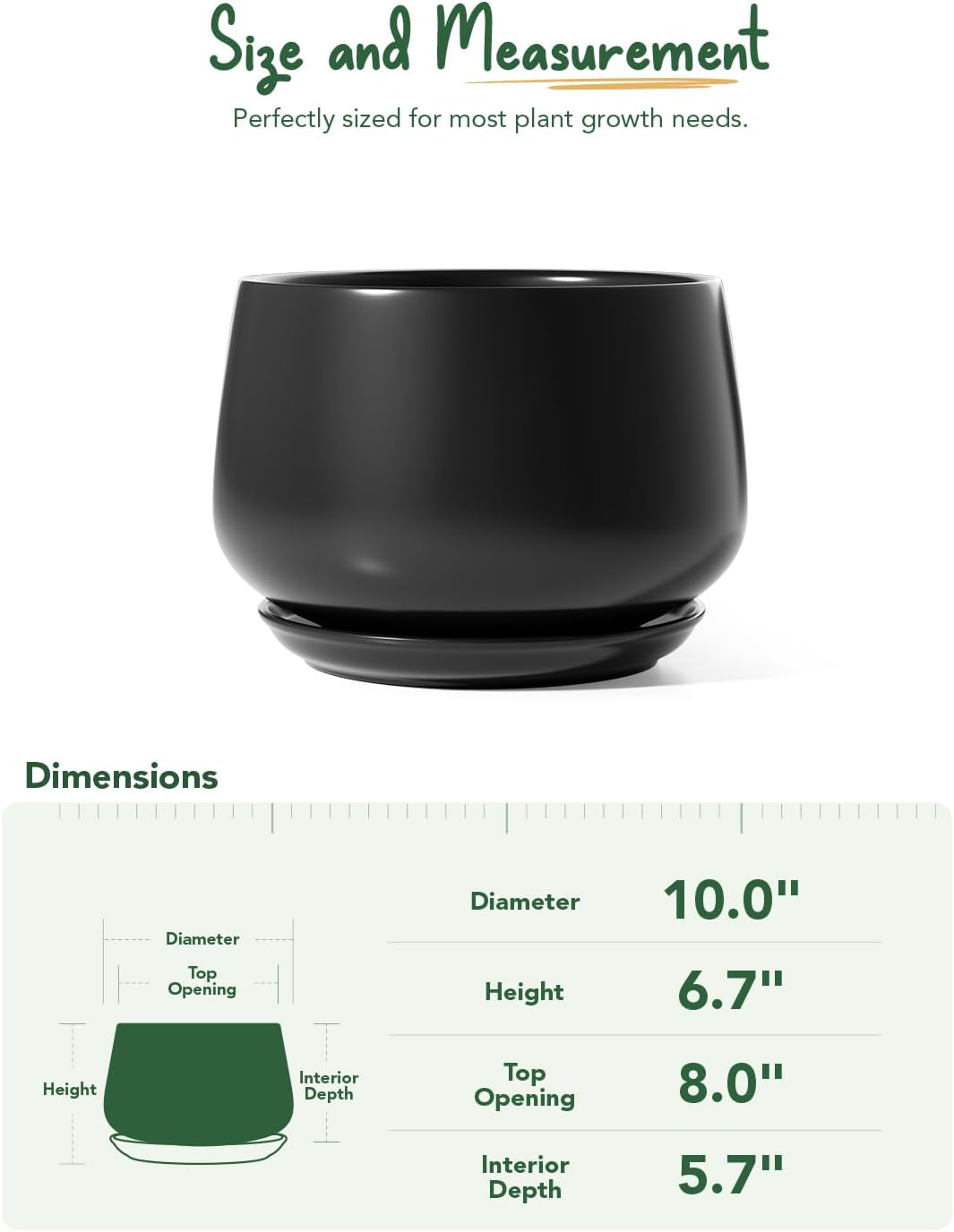 25cm Ceramic Plant Pot Black Modern Planter with Drainage Saucer