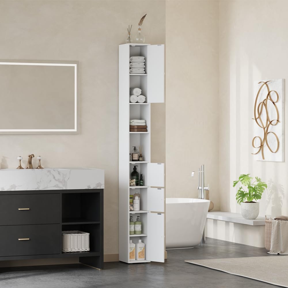 Tall Corner Cabinet White 4 Door Shelf Storage Unit