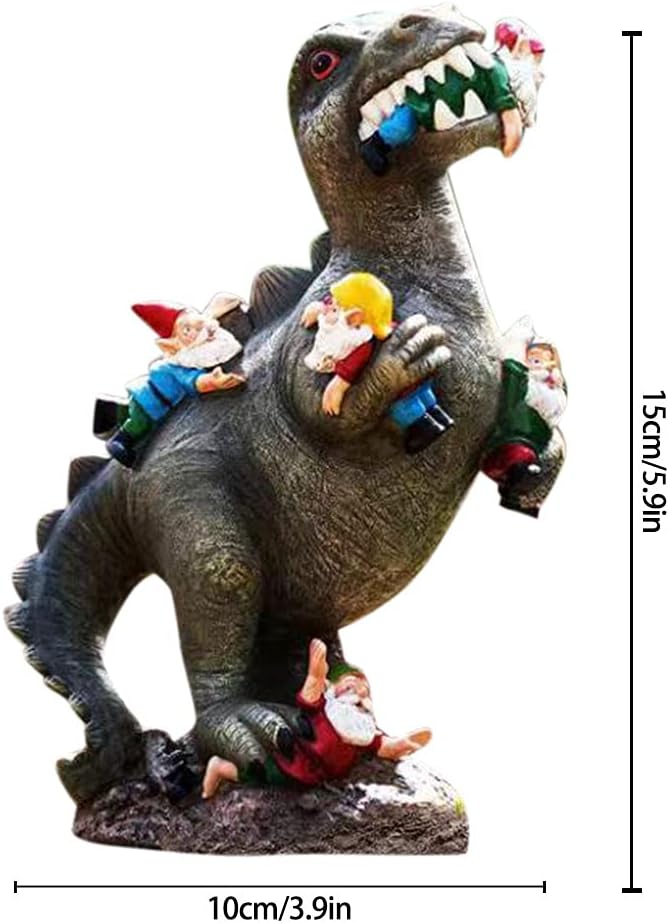 Funny Dinosaur Eating Gnomes Statue Resin Garden Decor Outdoor